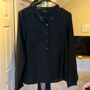 H&M Long Sleeve Black Silky Blouse, Bronze Buttons 3/4 neck and sleeves, EUC- 6